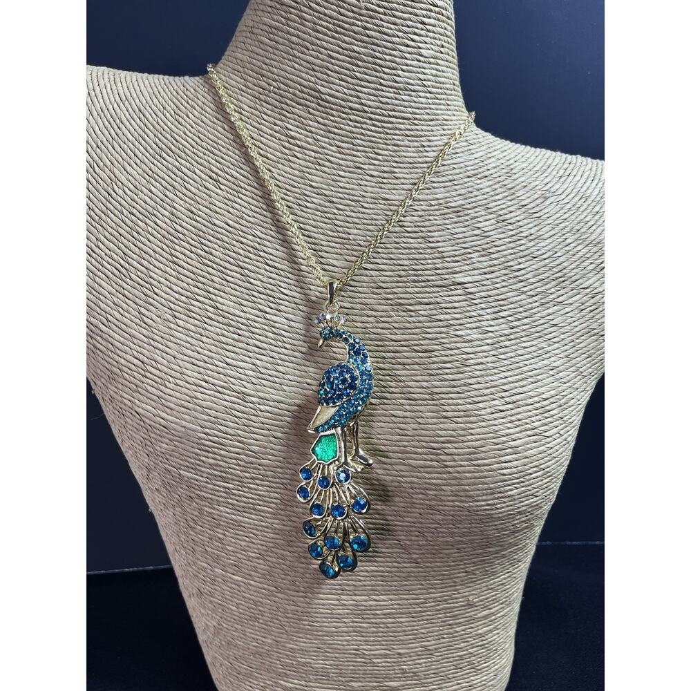 Peacock Pendant Chain Necklace Gold Tone Long Costume Jewelry